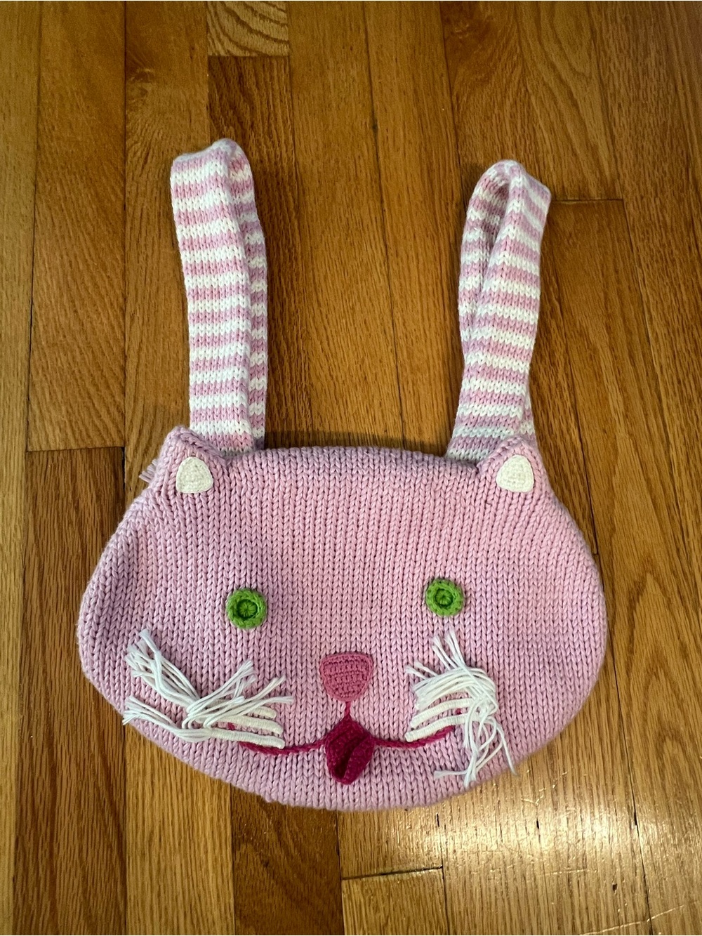 vintage hand-knit pink cat backpack from Blabla